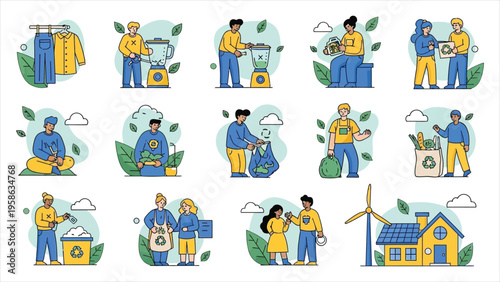  Zero waste and circular economy icon set – illustrating upcycling, reuse, and sustainable resource management.