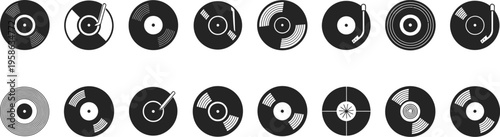 Record Vinyl Silhouette Icons, black vector symbols of vinyl records music discs DJ audio media
