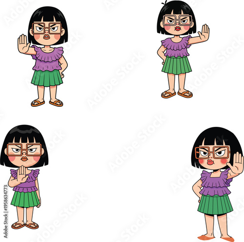 Angry little girl character set showing stop hand gesture wearing glasses and purple shirt flat vector illustration