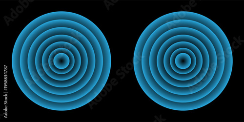 Sound wave. Signal concentric circle. Round light effect. Wifi range. Radio station signal. Water ripple with circle waves. A place or a painful point. Radar screen. Vector effect.