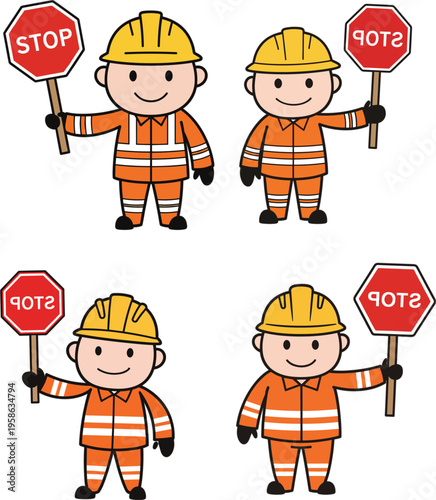 Construction worker character set holding stop sign wearing hard hat and safety vest roadwork maintenance