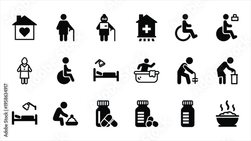 Collection of healthcare and assistance web icons – black silhouettes depicting diverse medical and support activities