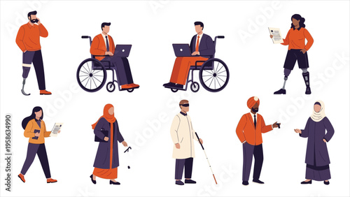  Diverse business team vector – flat illustration of inclusive office workers, featuring Muslim, Black, and disabled characters collaborating
