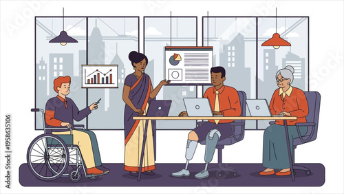 Flat vector illustration of diverse colleagues—different ages, genders, ethnicities, and abilities—attending a business meeting. Inclusive workplace concept