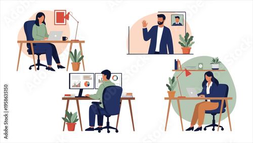 Flat vector illustration of diverse people working on laptops at modern desks – teamwork, productivity, and contemporary office culture..