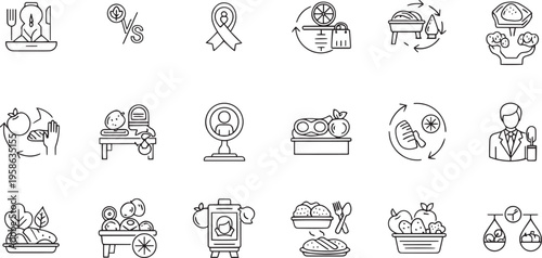 Healthy Food Nutrition and Balanced Diet Line Art Icons Set