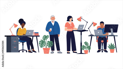 Flat vector illustration of diverse people working on laptops at modern desks – teamwork, productivity, and contemporary office culture..