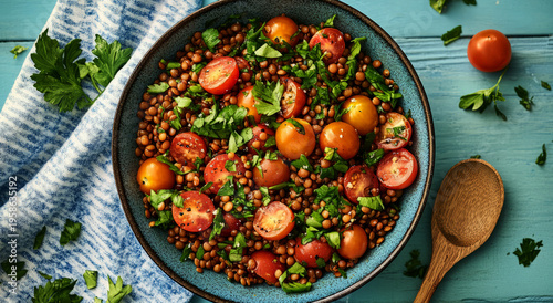 lentil salad with cherry tomatoes and herbs in a bowl on a blue background, 
