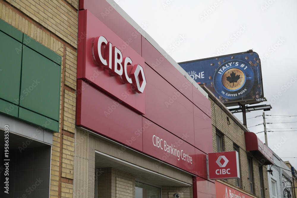 Fototapeta premium exterior building facade and sign of CIBC Branch with ATM at 1529 Bayview Av, Toronto