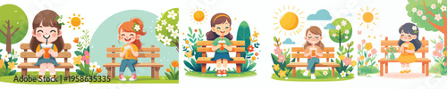 vector of a little girl sitting on a park bench drinking iced orange juice in spring