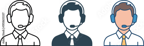 Professional customer service representative icon set featuring male call center agent avatars in line art and flat vector styles.