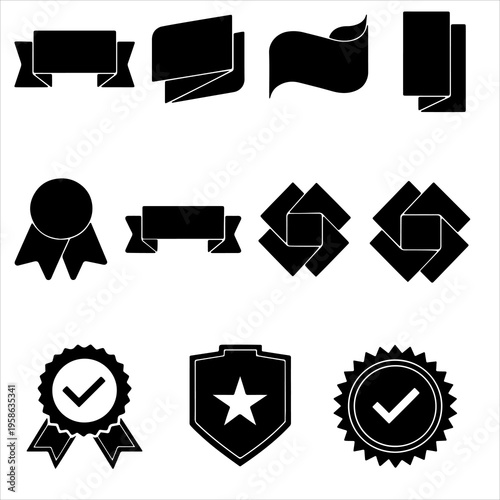Vector set of black and white labels with ribbons and badges featuring business icons, stars, and circle frames for web design elements