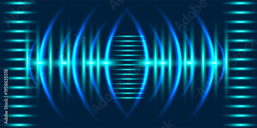 Abstract Blue Sonar sound waves background. Modern Signal concentric circles. Sonar wave and echo sounding. Digital Audio Sound Equalizer Effect. Dynamic vibration. Equalizer technology background.