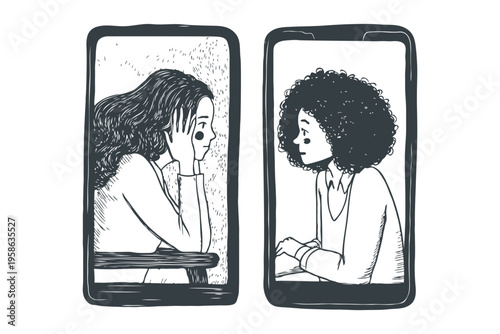 Two people talking through phone screens in a hand-drawn style on a white background, expressing communication and connection