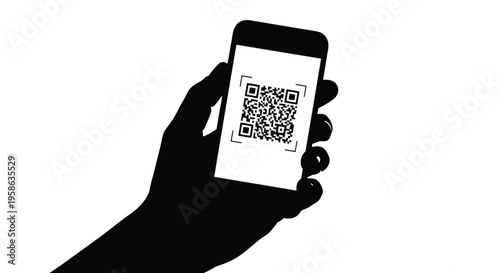 Hand holding smartphone displaying a qr code black and white silhouette