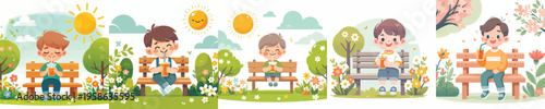 vector of a little boy sitting on a park bench drinking iced orange juice in spring