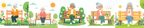vector of a grandma sitting on a park bench drinking iced orange juice in spring