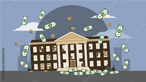 Illustration of a bank building with US dollar bills flying out into the sky during financial crisis