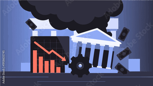 Bank building with downward bar chart gear and dark smoke clouds illustrating severe financial economic crisis