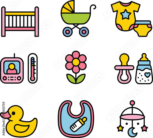 Baby icons collection with crib stroller clothes toys and accessories colorful cartoon vector illustration set
