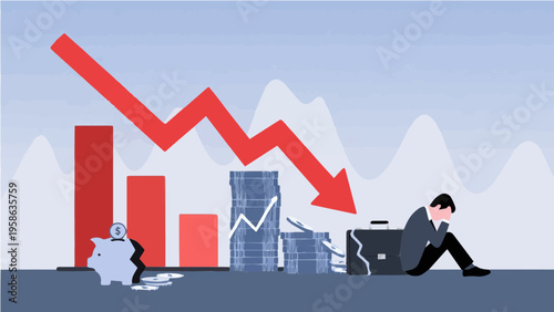 Illustration of depressed businessman sitting near declining red graph and broken piggy bank showing financial crisis