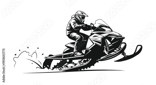 Snowmobiler in action dynamic pose black and white illustration silhouette