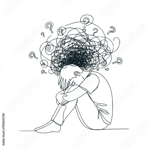 Line art showing a person sitting with tangled thoughts, minimalist style on white background, concept of confusion. Mental health concept
