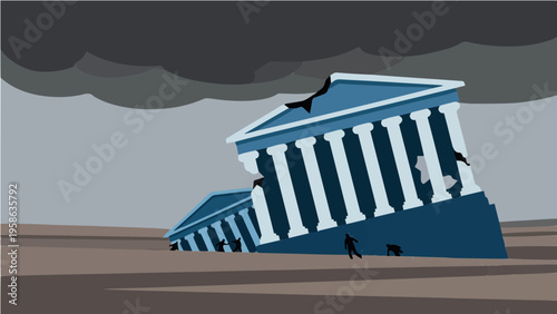 Illustration of classical bank building falling down under dark stormy clouds in severe financial crisis