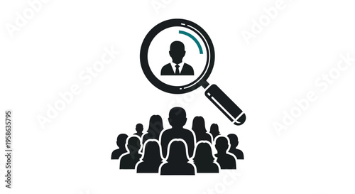 Magnifying glass focusing on a person among a crowd silhouette