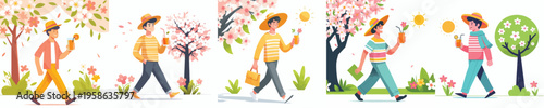 vector of a man walking drinking iced orange juice in spring