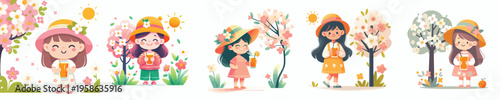 vector of a little girl standing drinking iced orange juice in spring