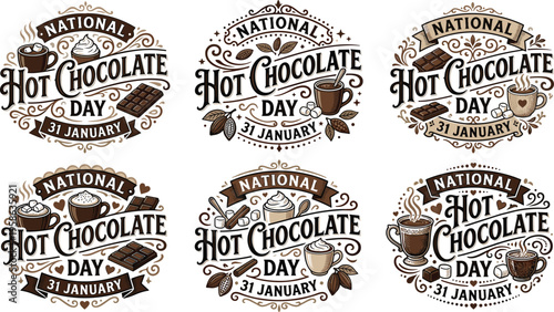 Collection of National Hot Chocolate Day emblems with vintage lettering chocolate bars cocoa beans and mugs for January thirty first winter celebration