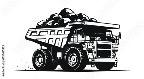 Large mining dump truck carrying rocks detailed vector illustration silhouette