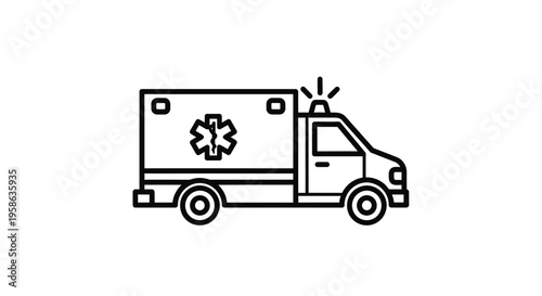 Black and white line art of an ambulance vehicle simple silhouette