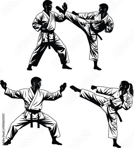 Karate fighters performing kicks and combat poses martial arts training action vector illustration set isolated