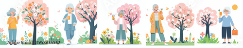 vector of a grandma standing drinking iced orange juice in spring