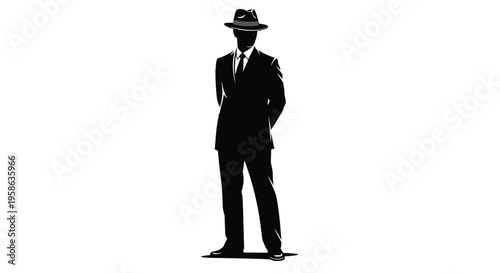 A dapper man in a suit and fedora presented as a stark silhouette