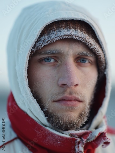 Close-up portrait of a man with frost on his face in cold winter weather