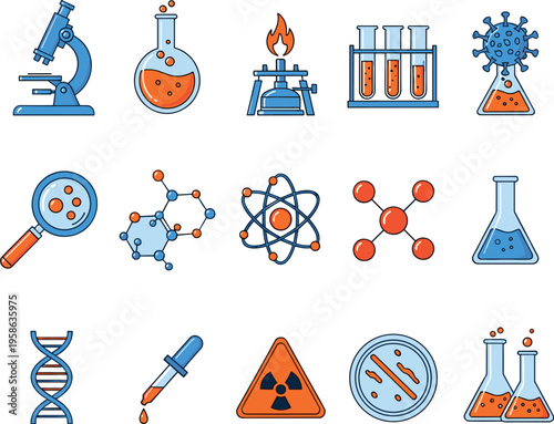 Science laboratory icons collection with microscope dna molecules and chemistry equipment colorful vector illustration set