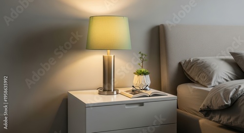 Cozy bedroom corner with modern bedside lamp and white drawer unit