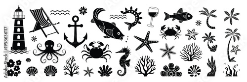 Nautical ocean icons silhouette vector collection with lighthouse, anchor, octopus, seahorse, starfish, shells, coral and tropical marine elements, sea life set isolated on white background