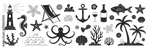 Marine and nautical icons silhouette vector set featuring lighthouse, anchor, seahorse, octopus, starfish, shells, coral reef and tropical elements, ocean life collection isolated on white