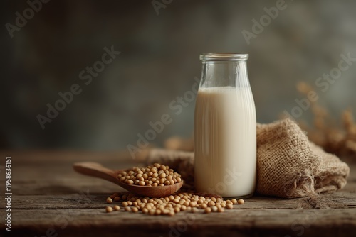 Glass bottle of creamy soy milk with soybeans on a wooden table