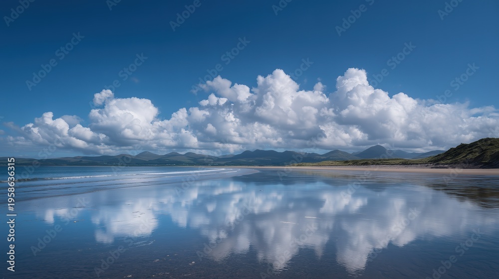 Fototapeta premium Tranquil coastal scene with blue skies and fluffy clouds reflecting on wet sand