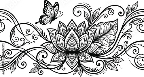 Floral lotus ornament with butterfly decorative swirl pattern line art vintage design vector illustration elegant nature composition isolated