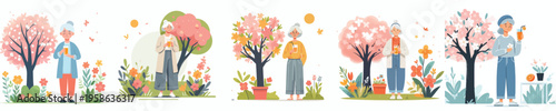 vector of a grandma standing drinking iced orange juice in spring