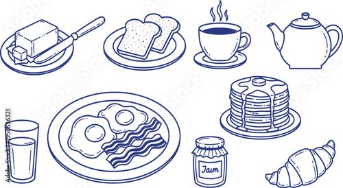 Delicious breakfast food elements featuring eggs bacon pancakes coffee toast and jam in a beautiful hand drawn vector illustration doodle art