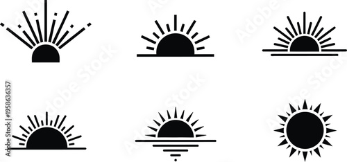 Collection of six different sunrise and sunset icons in black silhouette