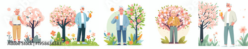 vector of a grandpa standing drinking iced orange juice in spring