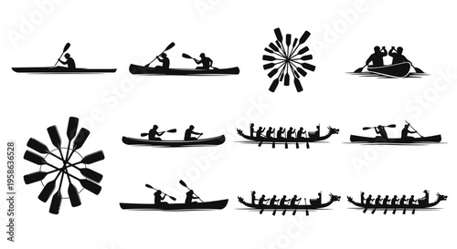 Collection of black silhouette vector graphics illustrating various competitive water sports including rowing and canoeing activities